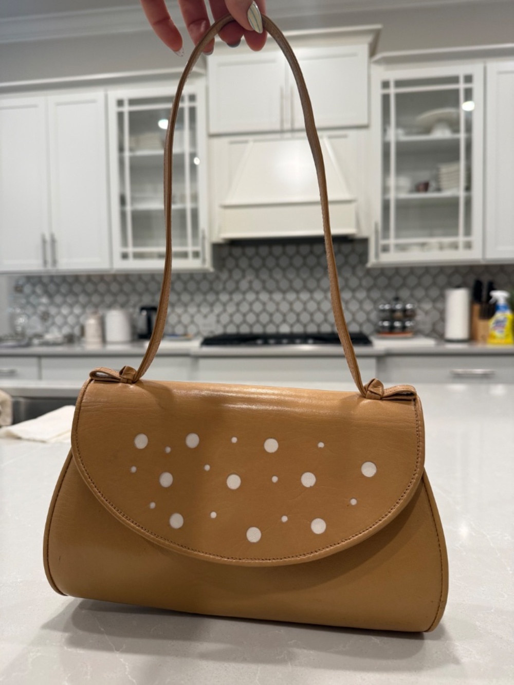 Stuart Weitzman Vintage Tan Leather Perforated Dot Shoulder Bag